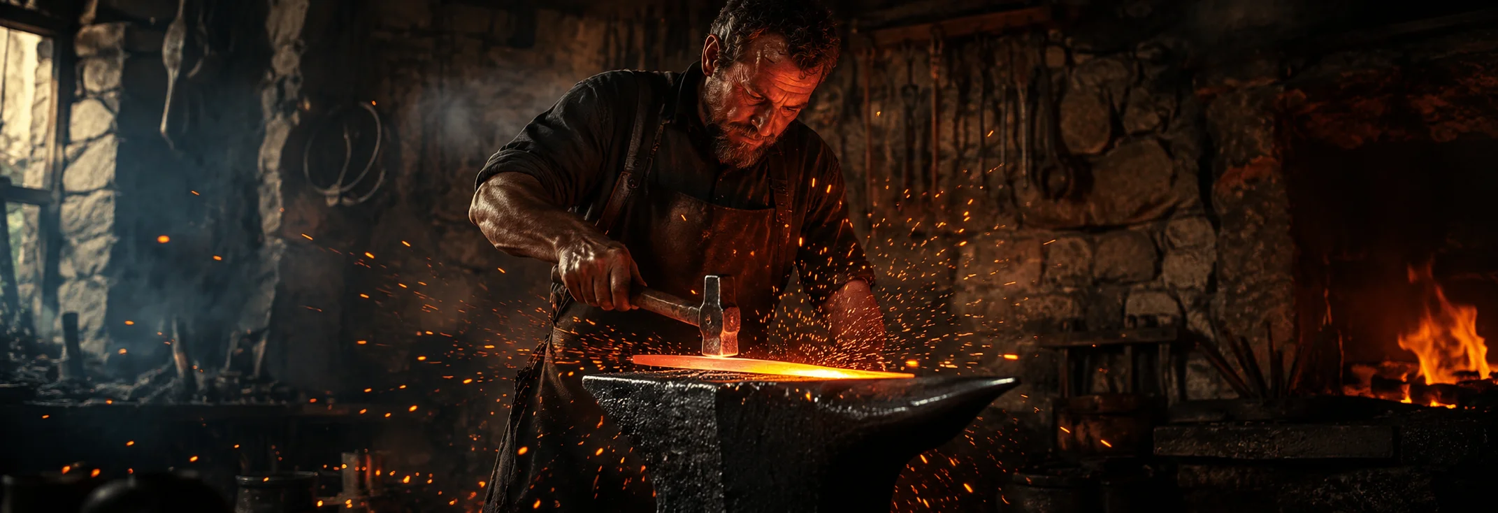 Master blacksmith forging a blade on an anvil with sparks flying
