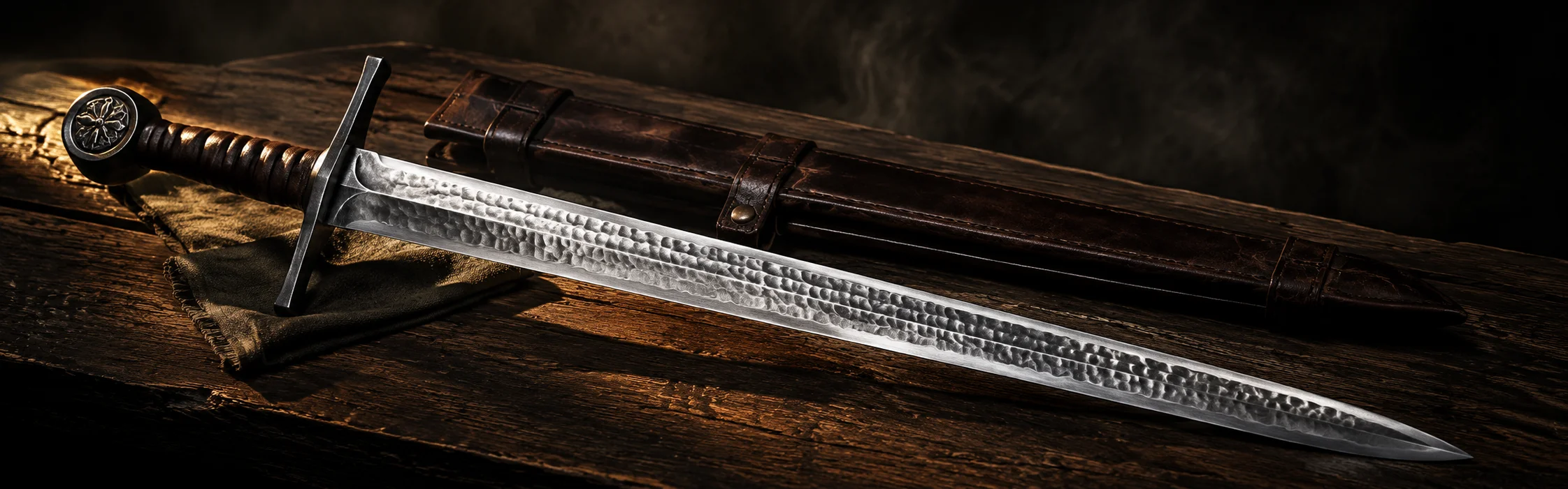 Hand-hammered sword blade with leather scabbard on rustic wood
