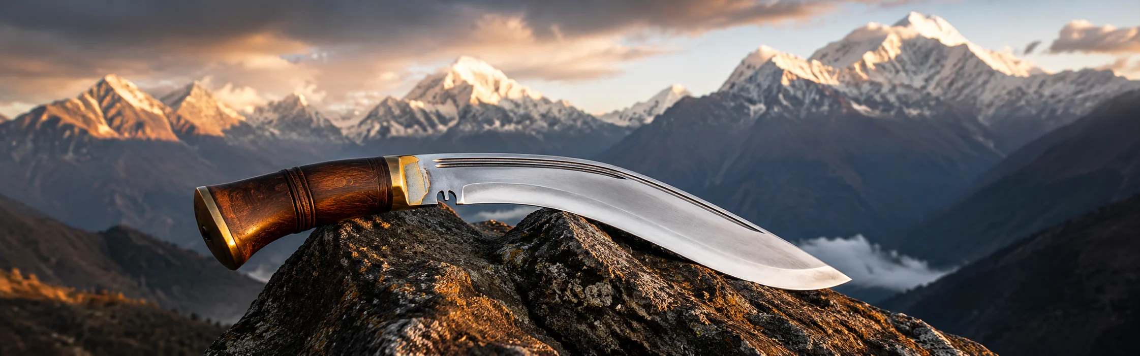 Traditional Nepalese khukuri knife on a rock with Himalayan mountains in the background