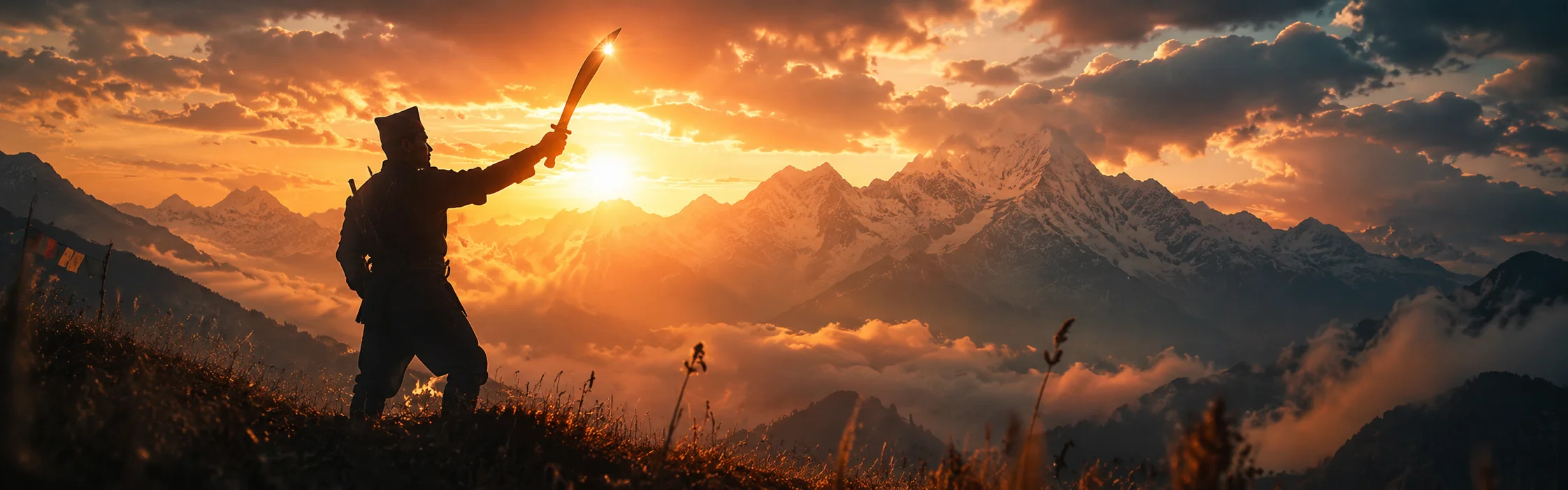 Gurkha warrior silhouette raising a khukuri against a dramatic mountain sunset